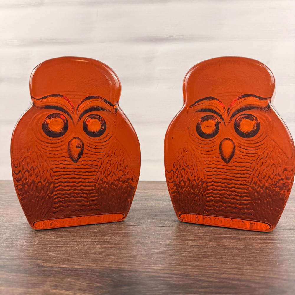 Blenko 6813 Owl Bookends Wheat Amber Glass Joel Myers Mid Century Modern